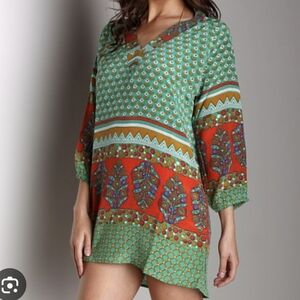 Tolani Nisha 100% Silk Tunic Mini Dress sz L Green Orange Boho Artsy Beach